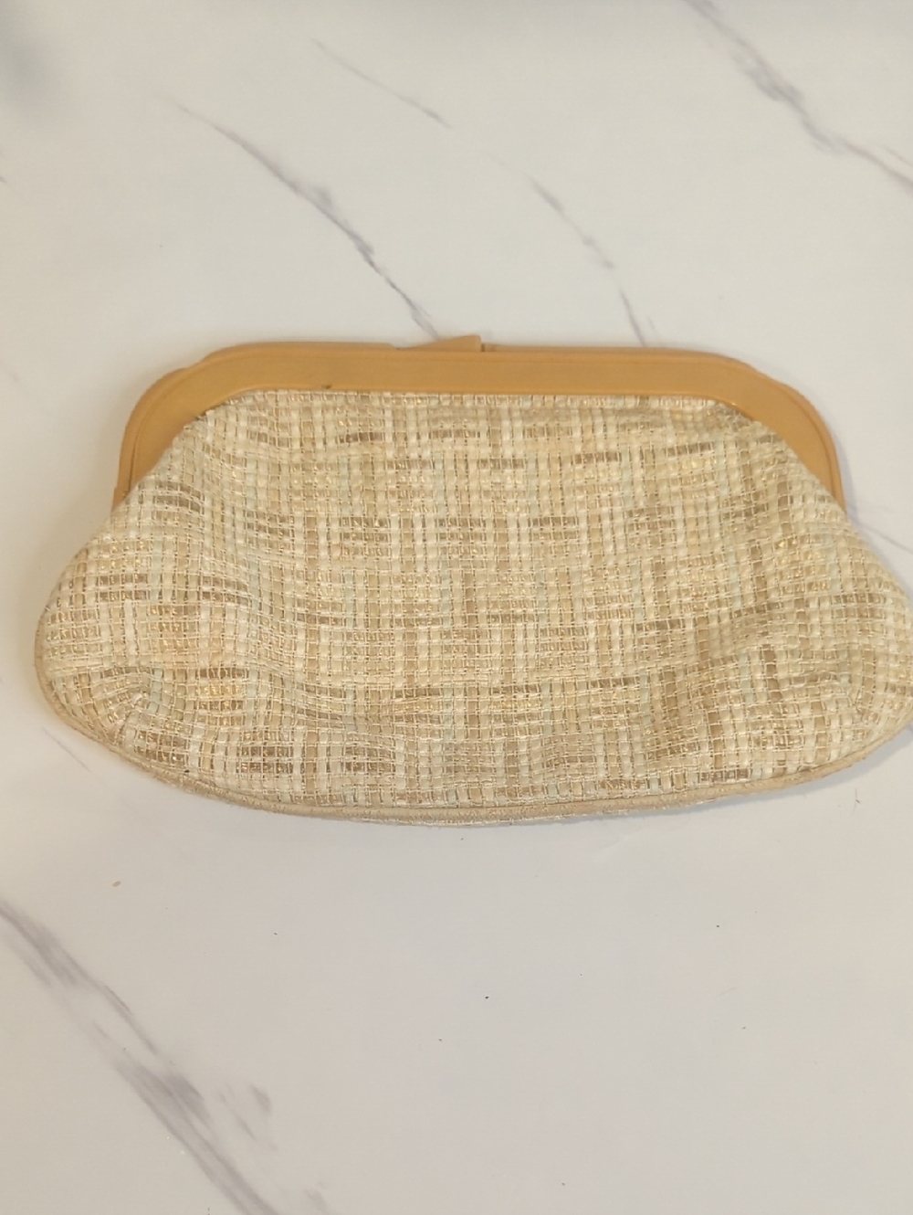 Vintage 1960s Woven Straw Clutch in Tan, Mint Green and Cream